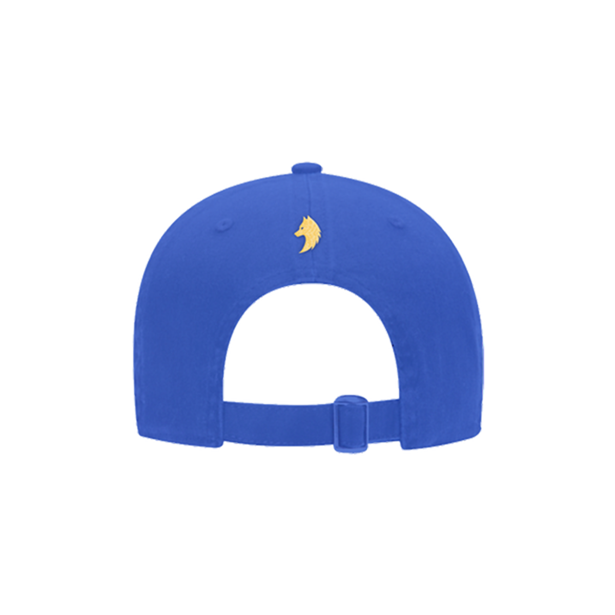 Back of a Blue cap with a yellow Wolf logo.